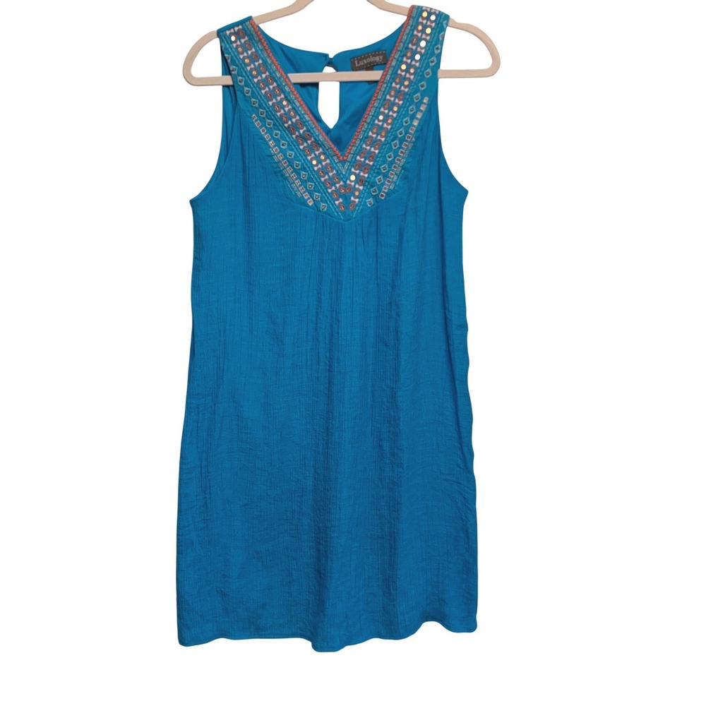 Luxology Shift Dress Size M Turquoise Blue Embroidered Sequin Festival Airy Boho